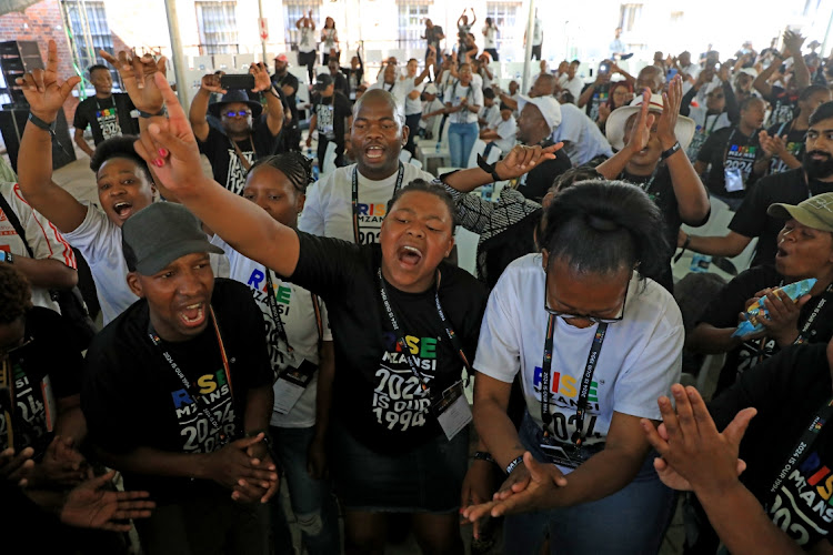 Rise Mzansi supporters sing revolutionary songs as they arrive at the People’s Convention at Constitutional Hill in Johannesburg on Friday.