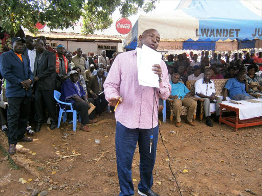 MP Ayub Savula addresses a public baraza at Lwandeti market in Lugari on March 1