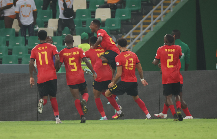 Reinildo Isnard Mandava of Mozambique (centre) celebrates goal during the 2023 Africa Cup of Nations match against Ghana at Alassane Ouattara Stadium in Abidjan, Cote dIvoire on 22 January 2024.