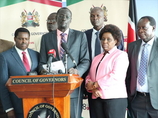 Council of Governors Chairman Josphat Nanok flanked by colleagues during a presser on the referendum at Delta Towers, Nairobi, October 25, 2018. /COURTESY