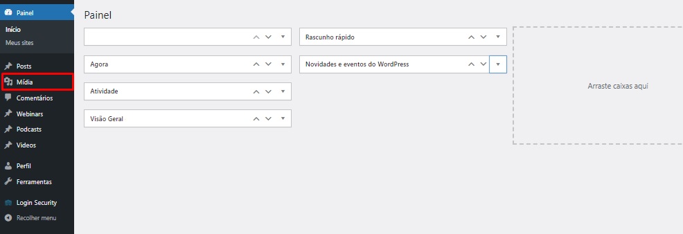 Destaque para o menu de Mídia localizado na barra lateral esquerda do painel WordPress