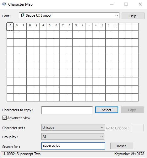 searching for superscript symbols in character map