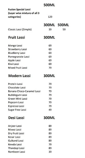 Fusion Lassi menu 