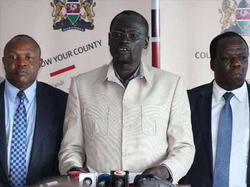 chairperson council of governors Josephat Nanok addresses the press at the council of governors offices, with him is Kericho governor Chepkwony and Kakmega county governor Oparanya on 9th.July.2018./EZEKIEL AMING'A