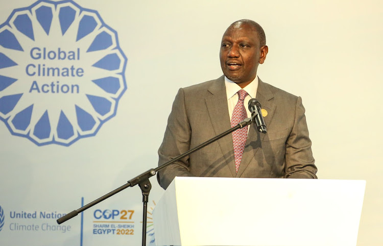 President William Ruto speaks on Tuesday during the COP27 summit in Sharm el-Sheikh, Egypt.