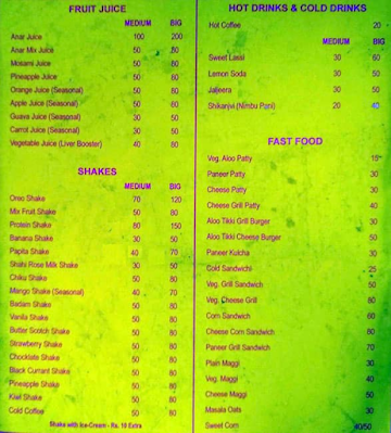 Khurana Juice Shake & Hot Meal menu 