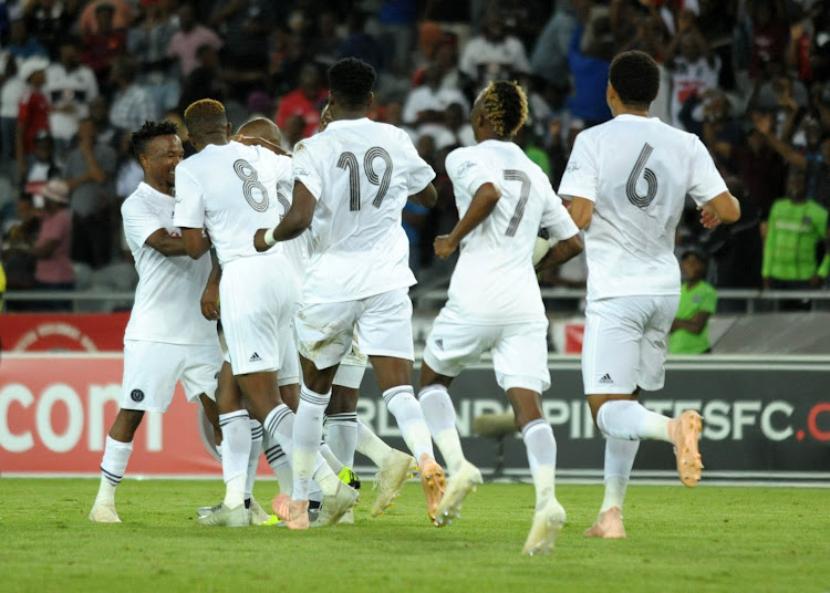 Pirates celebrates players celebrates Mpho Makola goal during the Champions League 2018/19 match between Orlando Pirates and Lightstars FC at Orlando Stadium on 28 November 2018.