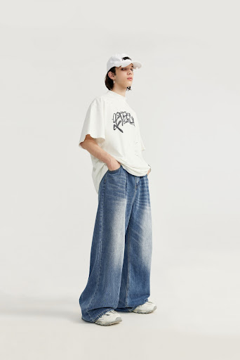 Title 5, Mens Loose Straight Jeans Mid-High Waist Washe...