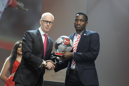 Absa Premiership Top Goal Scorer of the Season Winner: Moeketsi Sekola with David during the PSL Player of the Year awards at Sandton Convention Centre on May 17, 2015 in Johannesburg, South Africa. (Photo by Lefty Shivambu/Gallo Images)