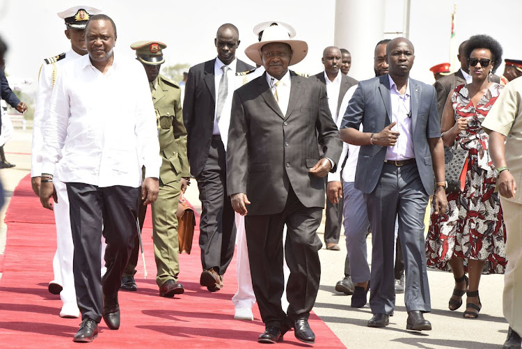 President Uhuru Kenyatta and Uganda's President Yoweri Museveni in Mombasa on March 27, 2019.