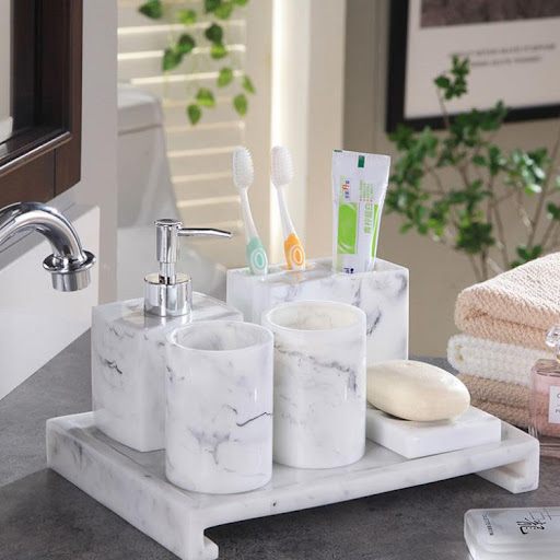 Title 5, Nordic Marbled Resin Toothbrush Holder & Soap D...