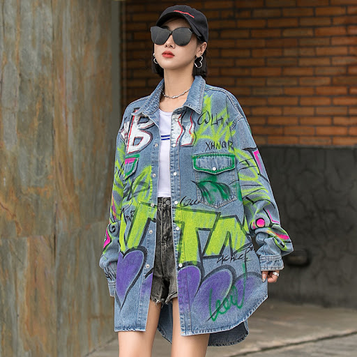 Title 8, Womens Graffiti Print Denim Jacket Loose Stree...