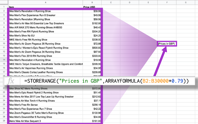 Screenshot of STORERANGE() Store any range in one single cell