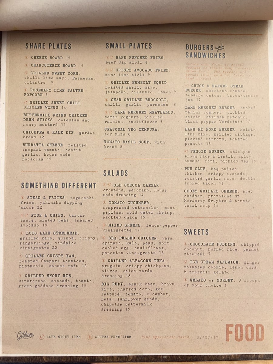 Menu at the time I went August 2017