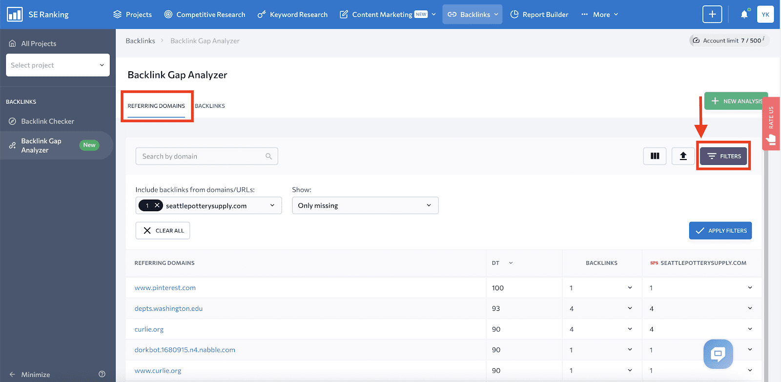 Filtres de l'analyseur d'écart des backlinks pour les domaines référents