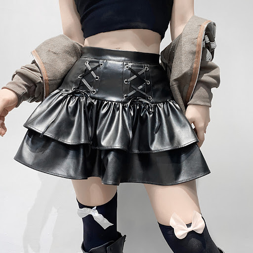 Title 4, Dark Cross Lace Up Thin Leather Skirt Double La...