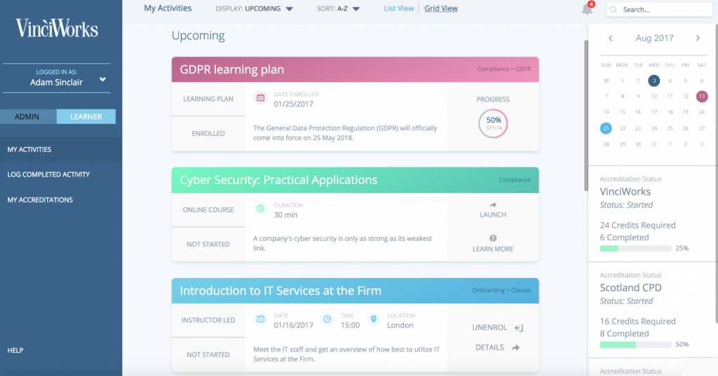 An example of VinciWorks' LMS 6.0 dashboard