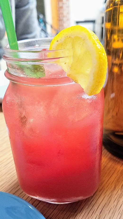 Brunch at Proud Mary Coffee in Portland, at 2012 NE Alberta St, seasonal juice combo Pink Crush with watermelon, strawberry, apple, lemon