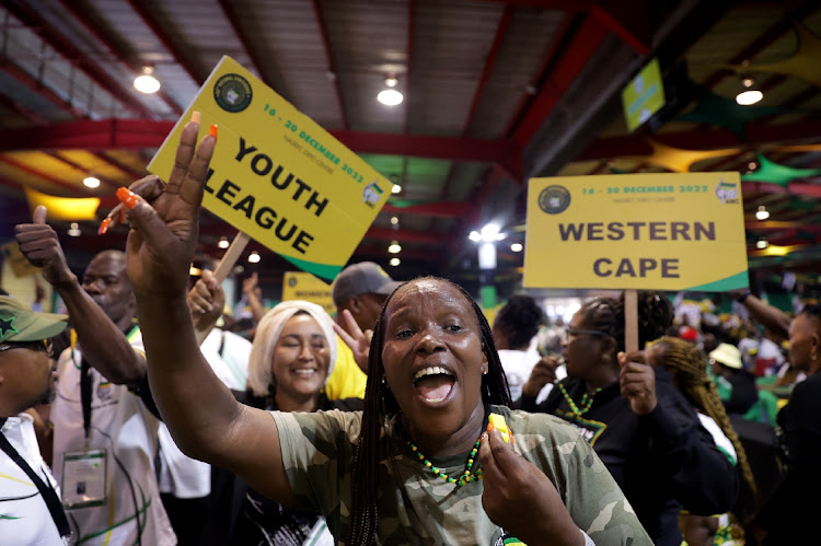 Delegates react to the announcement of the top seven at the 55th ANC national elective conference at Nasrec Expo Centre in Johannesburg on December 19 2022.