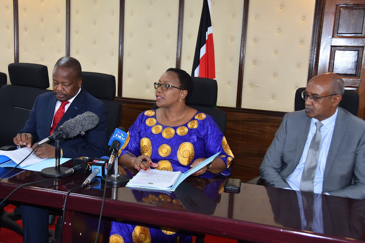 Cabinet Secretary Sicily Kariuki when she handed over the Health docket to the new CS Mutahi Kagwe at Afya House in a ceremony attended by CAS Dr. Rashid Aman on February 28, 2020