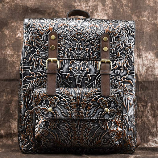 Title 3, Ethnic Style Hand-embossed Leather Backpack Ver...