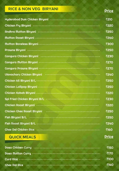 Andhra Ruchulu menu 