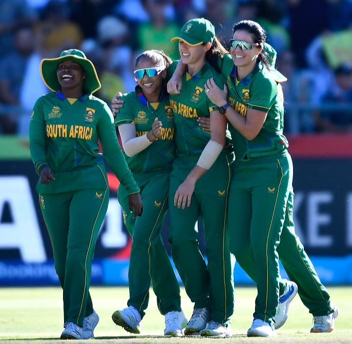 Tazmin Brits of South Africa celebrates after taking a catch to dismiss Danni Wyatt of England during the ICC Women's T20 World Cup semi final match between South Africa and England at Newlands Cricket Ground on February 24, 2023 in Cape Town, South Africa.