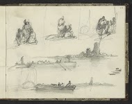 Studieblad met figuren op een strand en rivierlandschappen