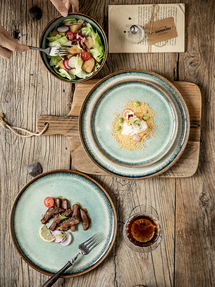 Kiln Baked Ceramic Steak Plates and Noodle Bowls for Western Cuisine, Durable and Stylish Tableware for Elegant Dining Experiences