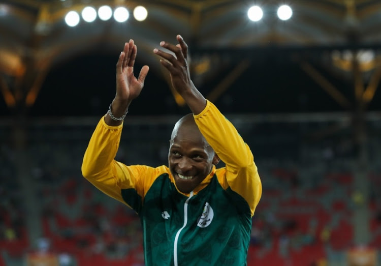 Luvo Manyonga of South Africa about to get his gold medal in the mens long jump during the athletics evening session on day 7 of the Gold Coast 2018 Commonwealth Games at the Carrara Stadium on April 11, 2018 in Gold Coast, Australia.