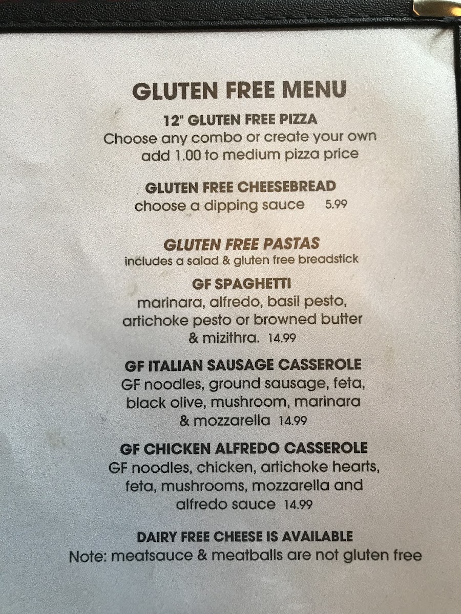 Gluten free menu