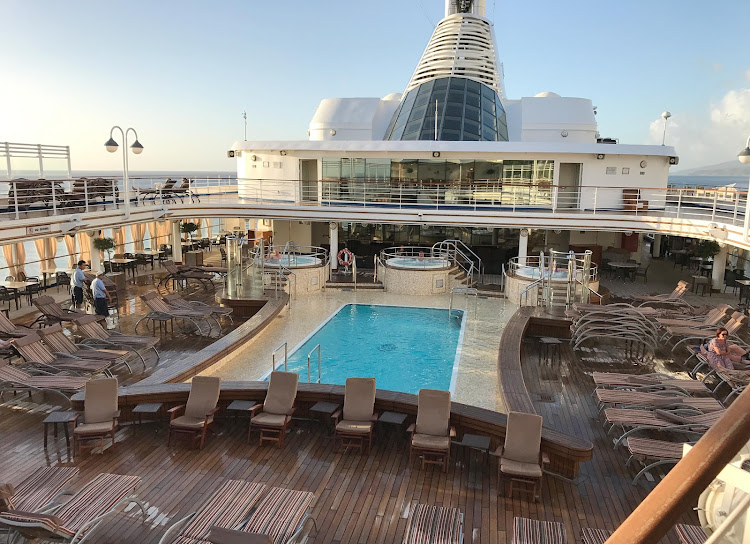 The pool deck of Silver Spirit after a tropical rain in Dominica.