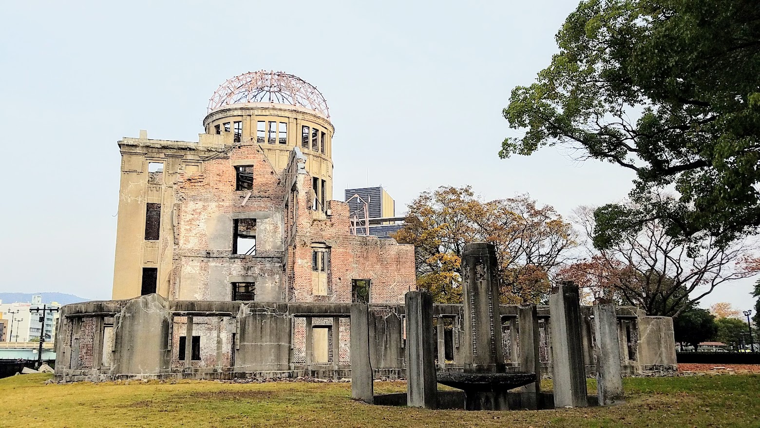 View of the Atomic Bone Dome, which was then the Hiroshima Prefectural Industry Promotion Building, Hiroshima Japan. The Hiroshima Peace Memorial Park is one of the free things to do in Hiroshima