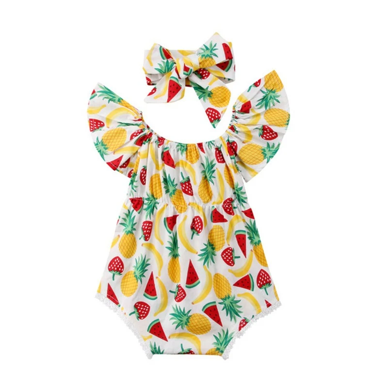 Girls' Triangle One-piece Romper Climbing Clothes Fruit Watermelon Pineapple Print, perfect summer wear, comfortable and