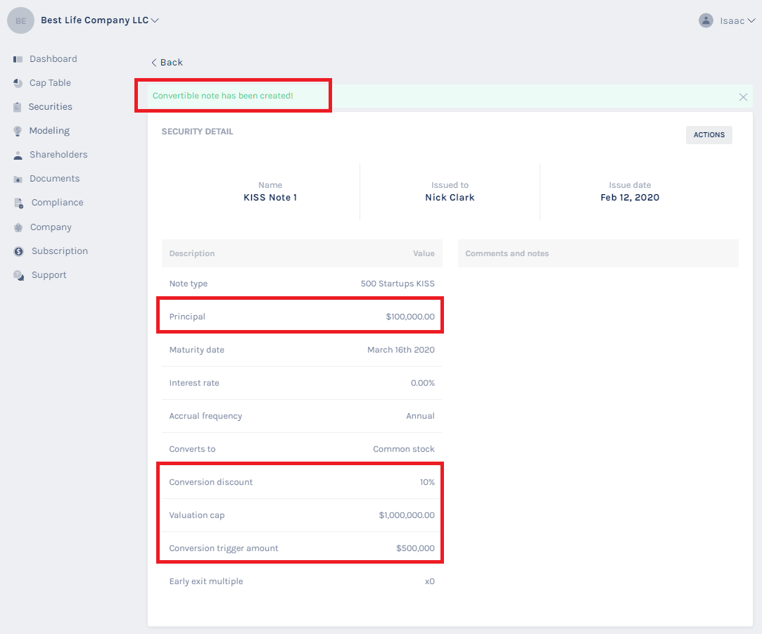 Convertible note created