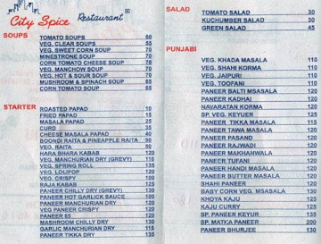 City Spice Restaurant menu 