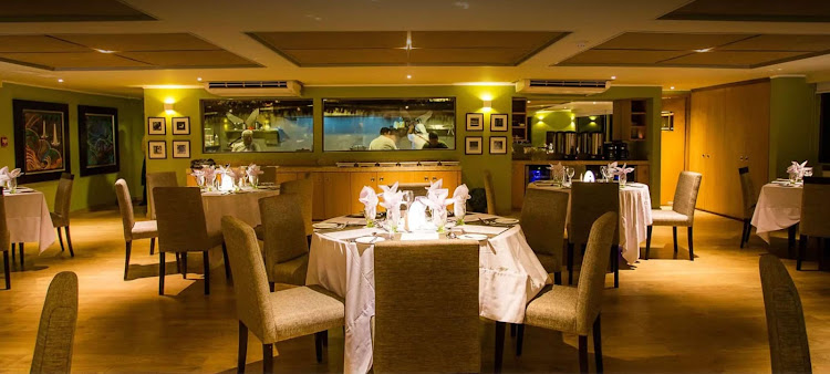 The tastefully appointed dining room aboard Delfin III. 