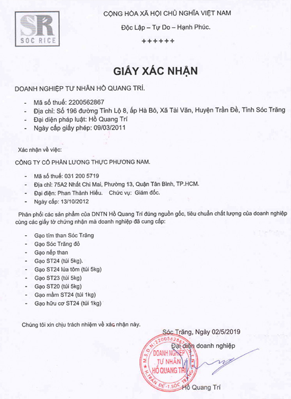 Giấy xác nhận bán gạo ST25 ông Cua chính hãng của DNTN Hồ Quang Trí