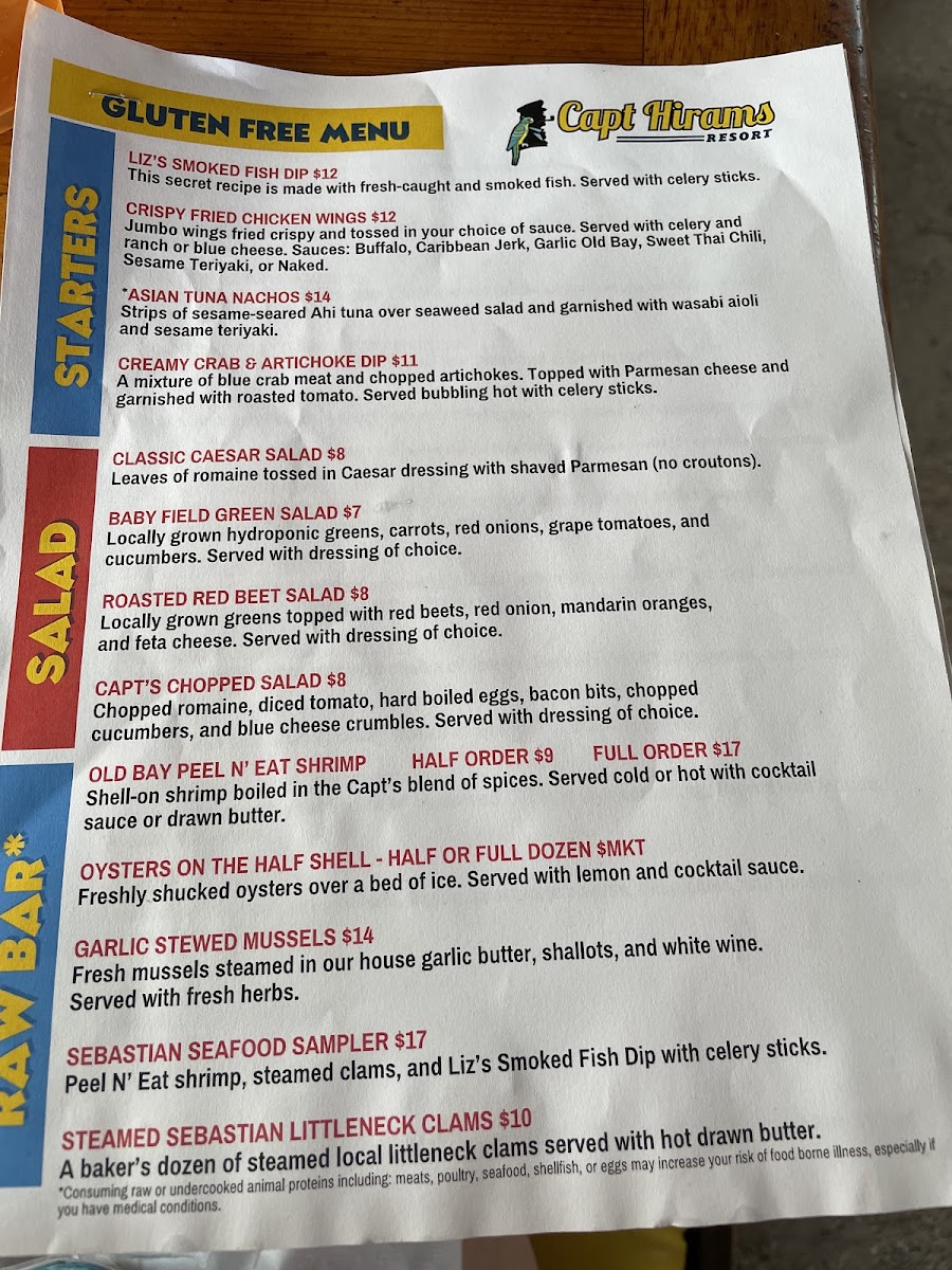 Captain Hiram's gluten-free menu