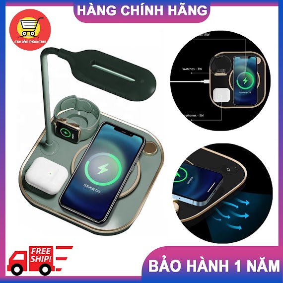 Bộ Sạc Không Dây Cho Iphone Huawei Đồng Hồ Tai Nghe Bộ Sạc Nhanh 4 Trong 1 Tích Hợp Đèn Ngủ