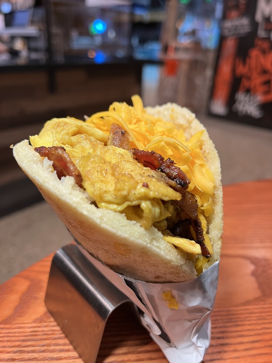 American breakfast Arepa with bacon.