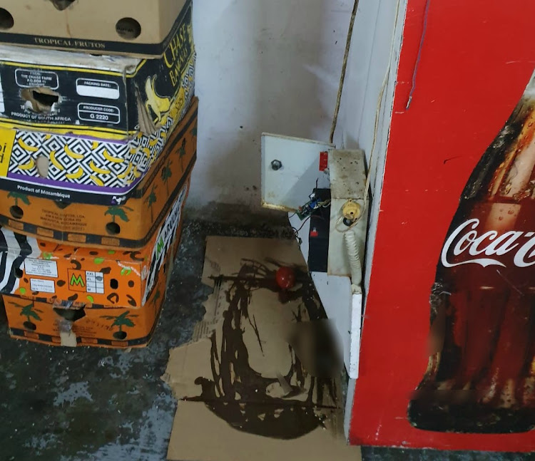 A dead rat is found next to a heap of rotting vegetables and an exposed electrical socket during a raid at illegal business premises in Durban on Tuesday.