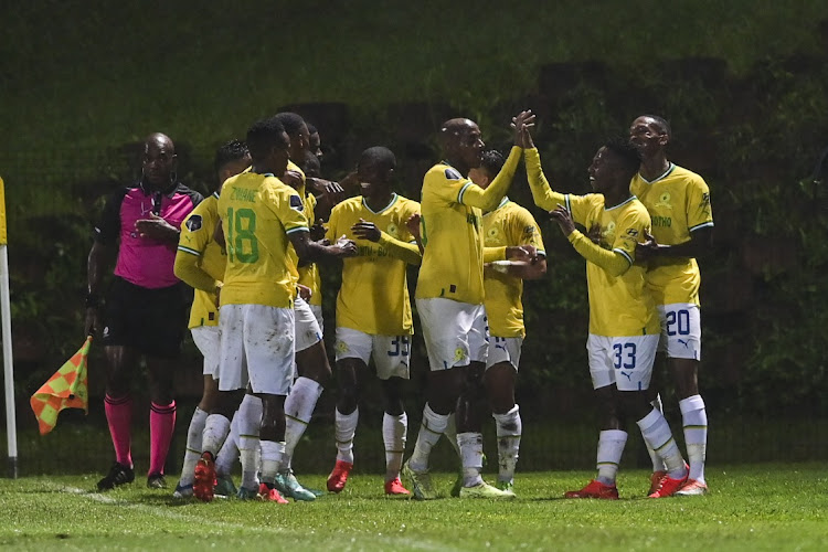 Mamelodi Sundowns players celebrates one of their goals during the DStv Premiership match against Richards Bay at a rainy King Zwelithini Stadium on January 06, 2023 in Durban, South Africa.