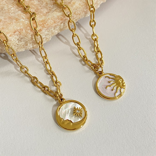Title 3, Sun Moon Round Mother Shell Pendant Necklace, a...