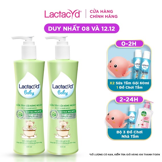 Bộ 2 Chai Sữa Tắm Gội Trẻ Em Lactacyd Baby Extra Milky Làm Sạch Dịu Nhẹ Và Dưỡng Ẩm Vượt Trội 500Ml/Chai