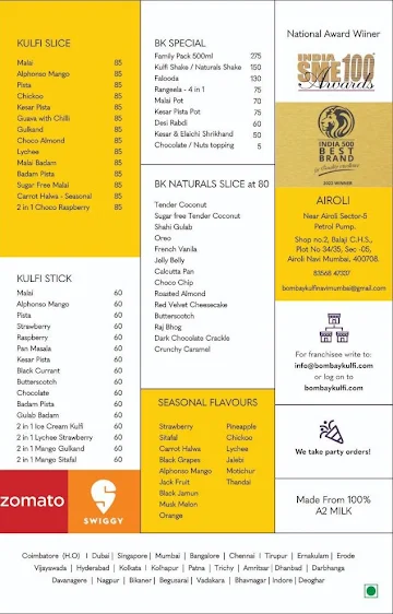 Bombay Kulfi menu 