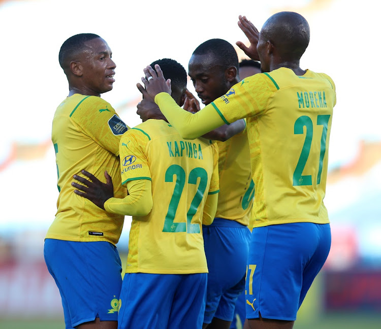 Lesedi Kapinga of Mamelodi Sundowns celebrates his goal with his teammates in the DStv Premiership match against Marumo Gallants at Loftus Versfeld in Pretoria on December 23 2021.