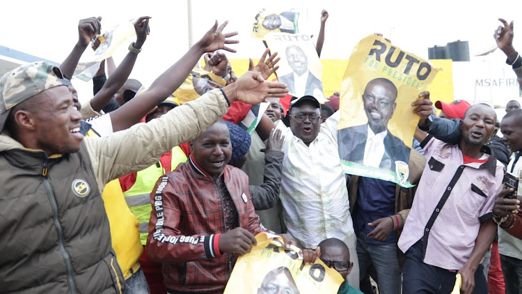 Locals in Mwingi town celebrating Ruto's win