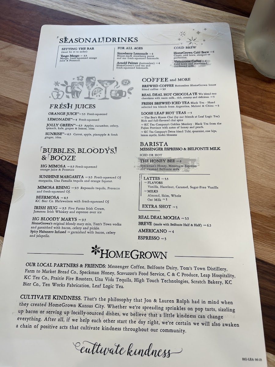 HomeGrown gluten-free menu