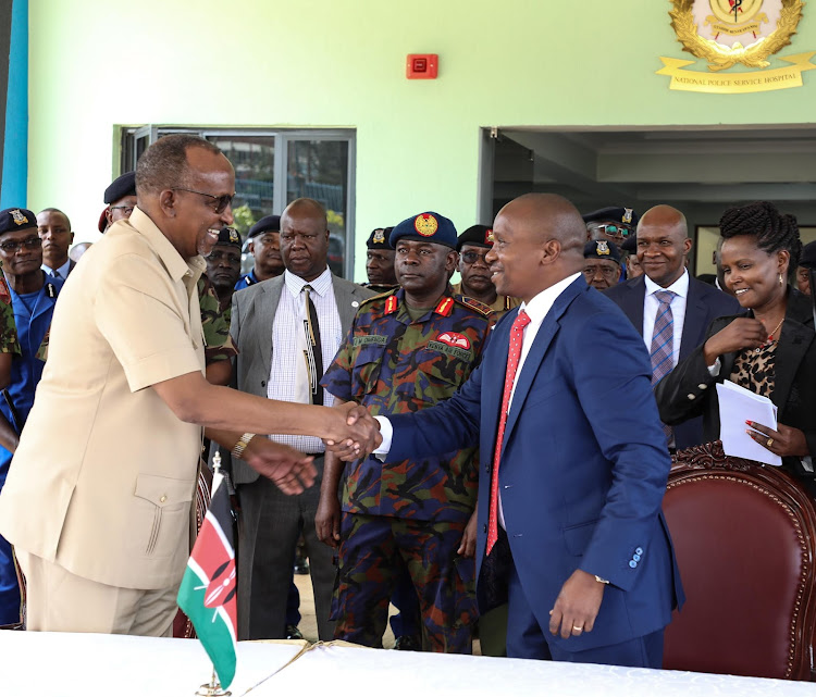 Defence CS Aden Duale and Interior CS Kithure KIndiki during the handover of the National Police Service Level 4 Hospital along Mbagathi Way on May 17, 2024.